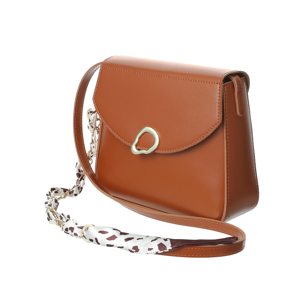 Flap Crossbody Bag with Silk Like Scarf and Chain(Coffee)