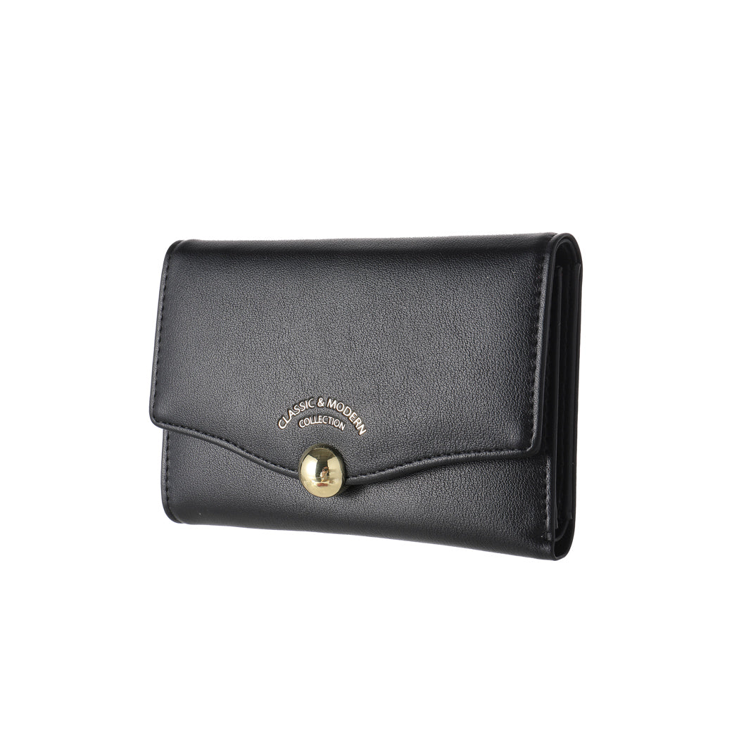 Women's Medium Wallet with Ball Decoration and Zipper (Black)