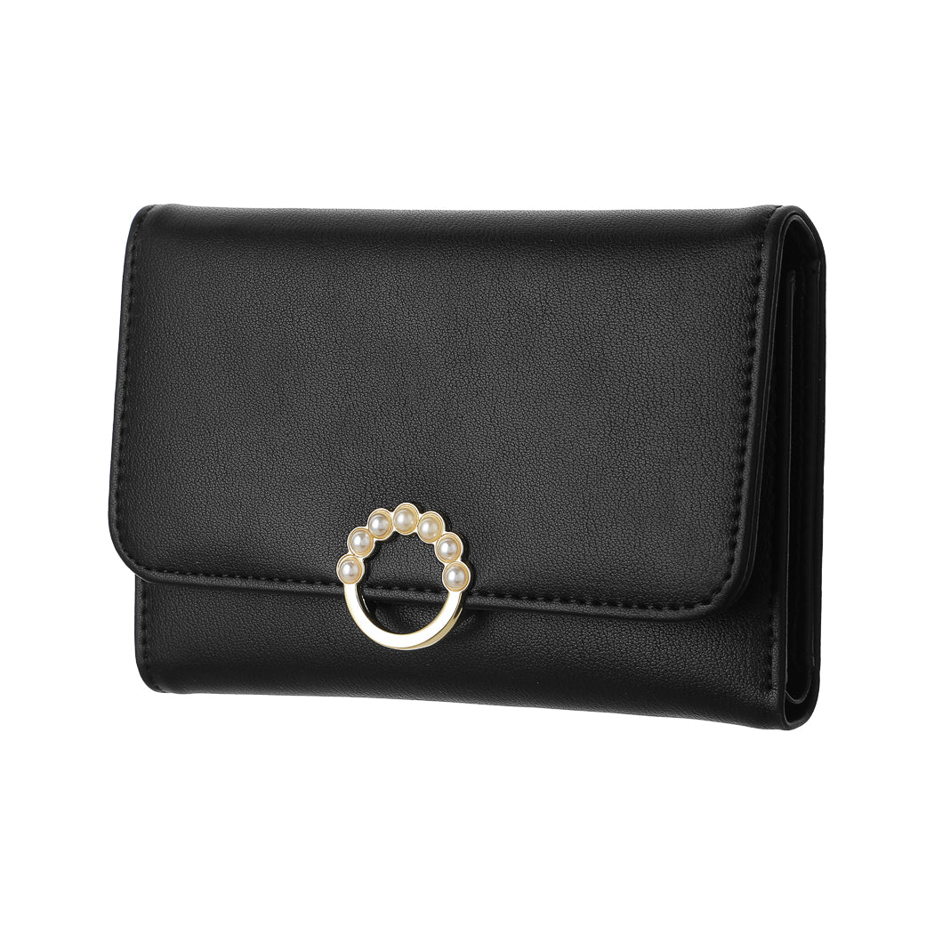 Women's Medium Long Wallet with Imitation Pearl Ring (Black)