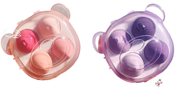 Makeup Sponge with Bear Storage Case (4 pcs, Pink/Purple)