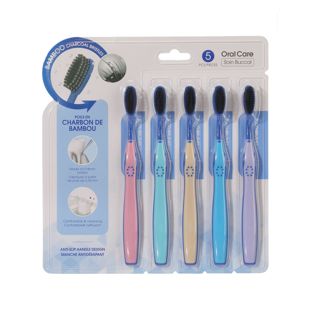 Bamboo Charcoal Double Tapered Bristle Toothbrushes (5 Count) Miniso