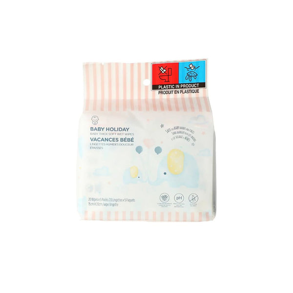 Baby Holiday Baby Thick Soft Wet Wipes (20 Wipes×5 Packs)