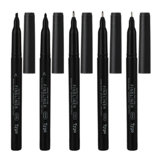 5 Black Fineliners Set (Round, 1.0mm, Chisel, 0.5mm, 0.2mm)
