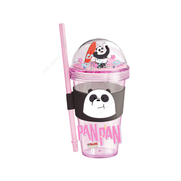 We Bare Bears Seaside Music Festival Glitter Plastic Bottle with Straw and Sleeve (420mL)(Panda)