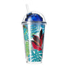 Tropical Forest Series Monstera Deliciosa Print Plastic Bottle with Straw, 450mL(Blue Lid)