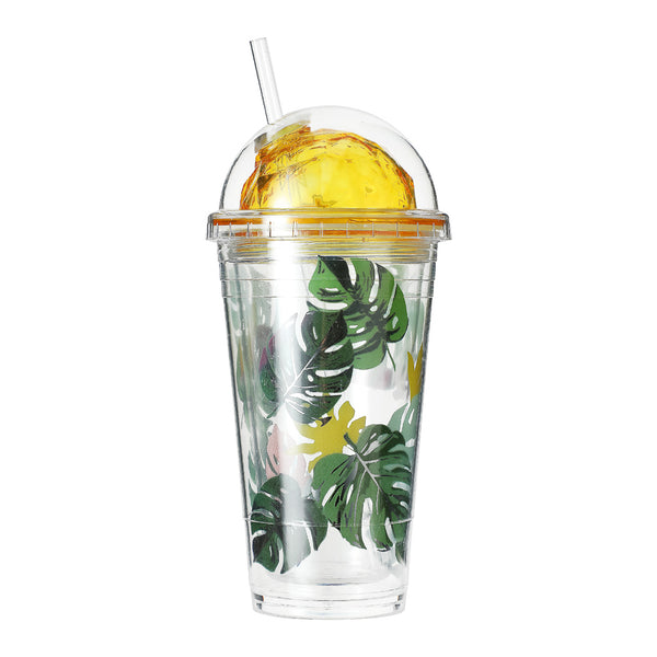 Tropical Forest Series Monstera Deliciosa Print Plastic Bottle with Straw, 450mL (Yellow Lid)