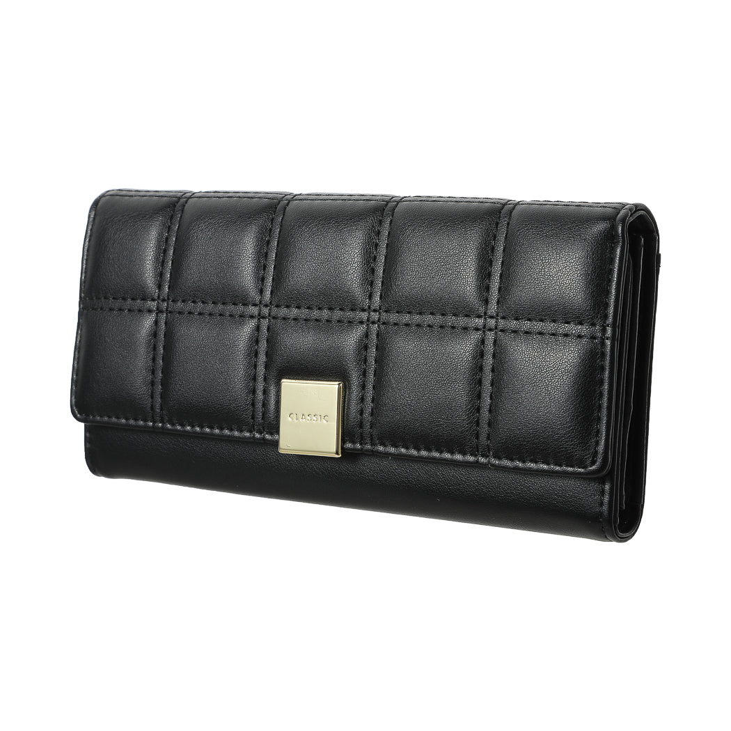 Women's Long Stitches Decorated Grid Wallet (Black)