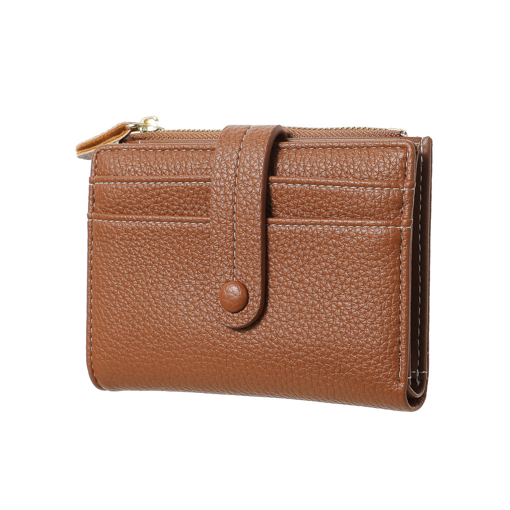 Women's Short Bifold Litchi Texture Zipper Wallet (Brown)
