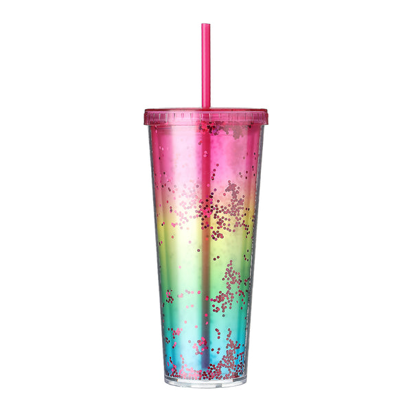 Large Capacity Gradient Color Plastic Water Bottle with Straw (720mL) (Rose Red)