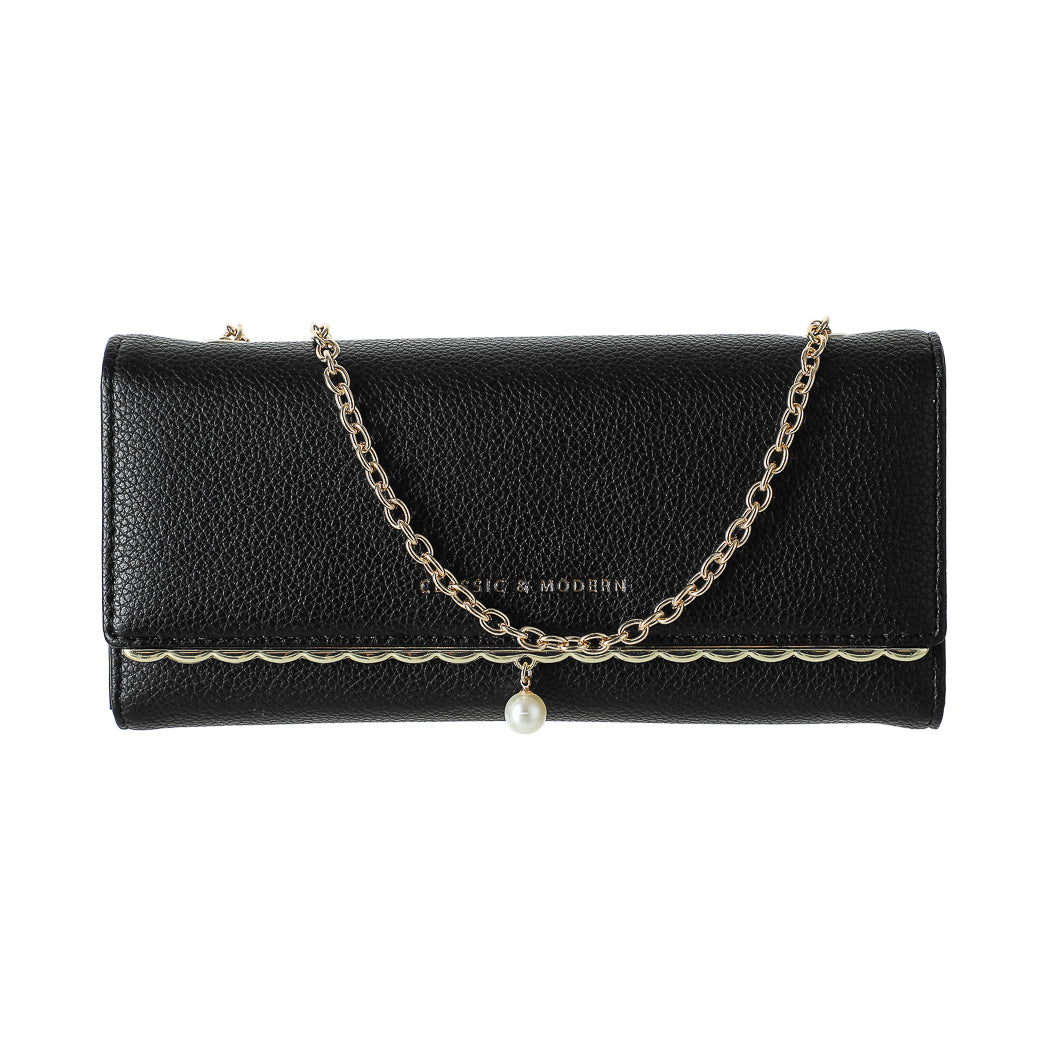 Women's Long Crossbody Bag with Imitation Pearl(Black)