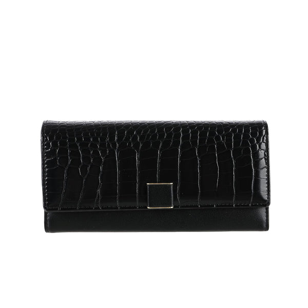 Women's Long Stone Pattern Wallet with Flap Top (Black)