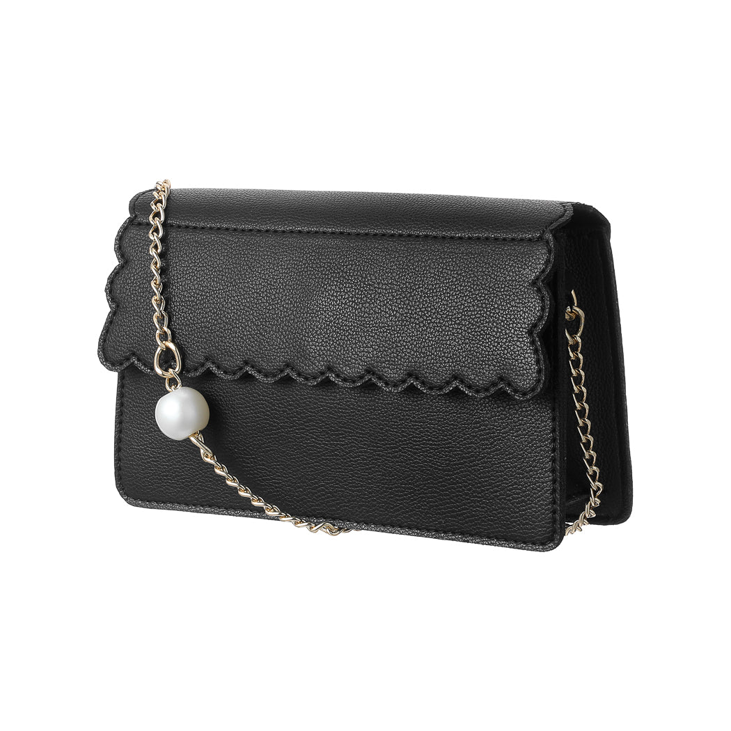 Scalloped Flap Crossbody Bag with Bead Chain (Black)
