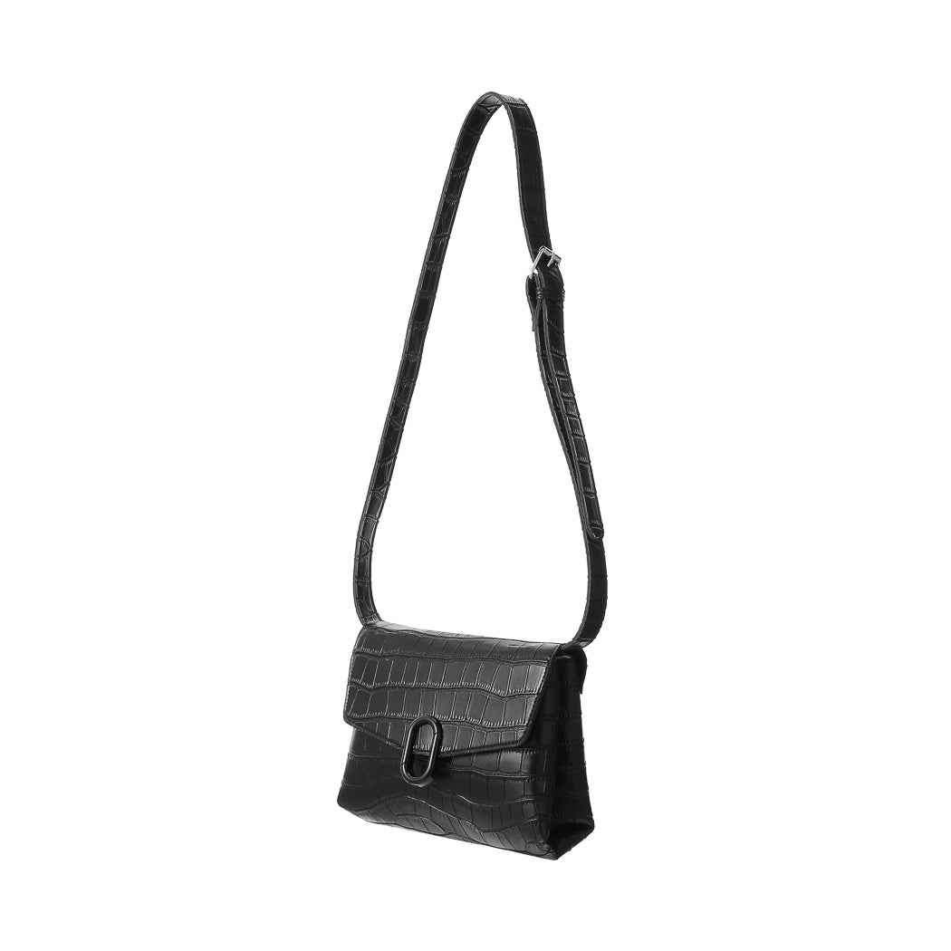 Stone Pattern Crossbody Bag with Flap and O Shaped Decoration (Black)