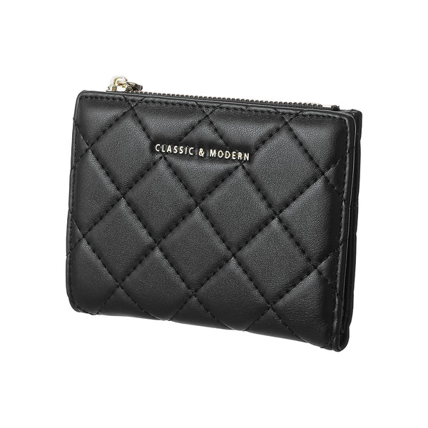 Women's Short Diamond Lattice Pattern Quilted Wallet with Golden Letters(Black)