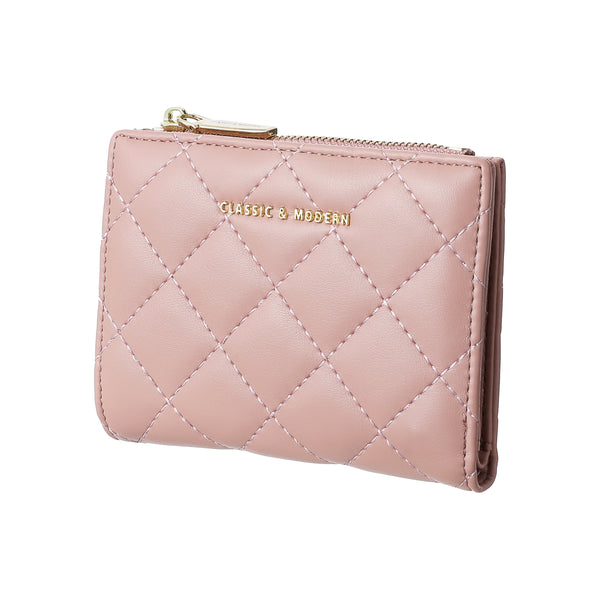 Women's Short Diamond Lattice Pattern Quilted Wallet with Golden Letters(Pink)